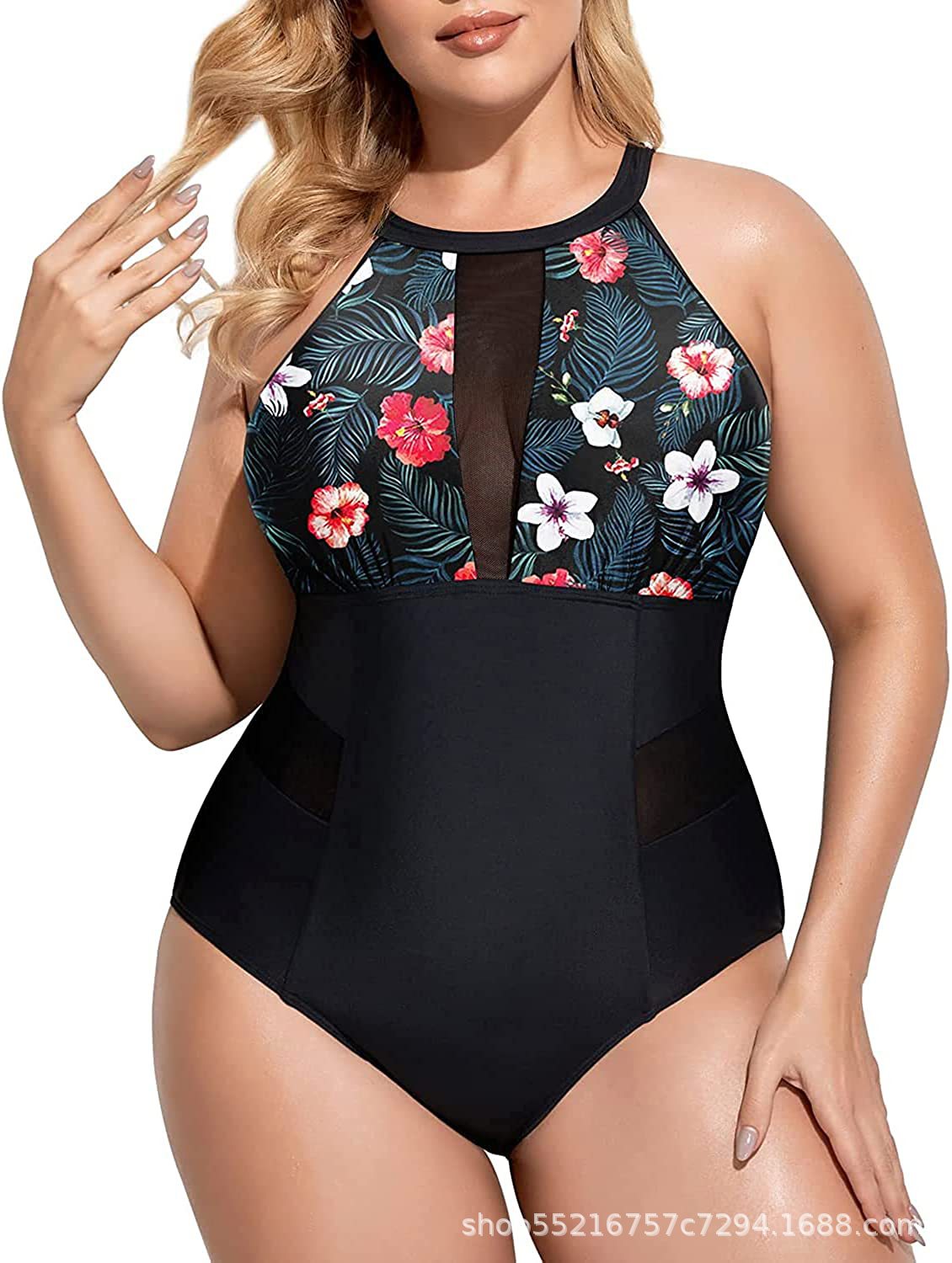 Women Plus Size One Piece Swimsuit High Neck Plunge Mesh Cut Out Bathing Suits